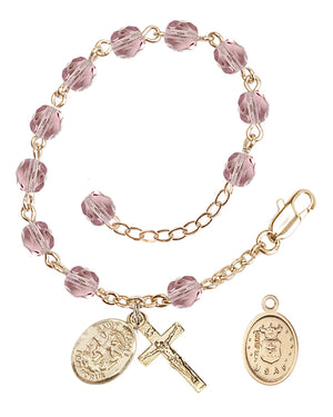 Saint Michael Air Force Rosary Bracelet, 6mm Fire Polished - Gold Plate - Light Amethyst