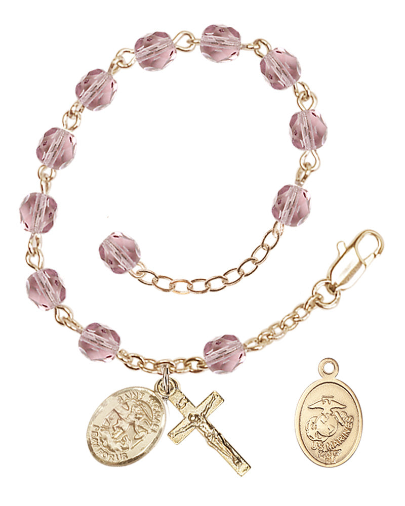 Saint Michael Marines Rosary Bracelet, 6mm Fire Polished - Gold Plate - Light Amethyst