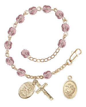 Saint Michael Marines Rosary Bracelet, 6mm Fire Polished - Gold Plate - Light Amethyst