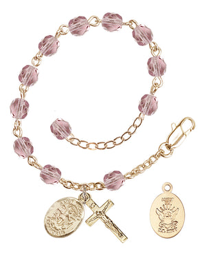 Saint Michael Navy Rosary Bracelet, 6mm Fire Polished - Gold Plate - Light Amethyst