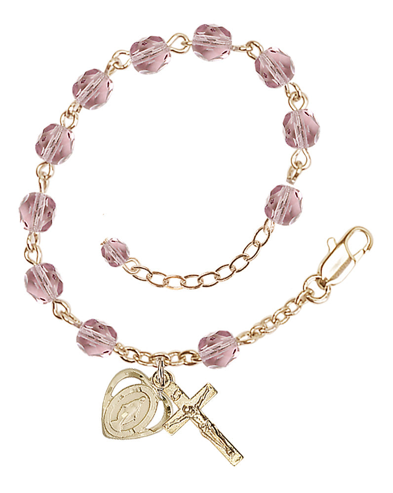 6mm Fire Polished Miraculous Heart Rosary Bracelet - Gold Plate - June - Light Amethyst
