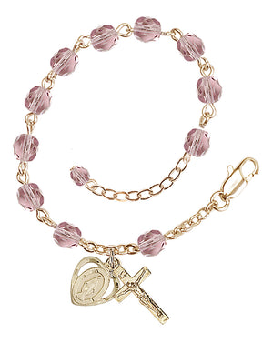 6mm Fire Polished Miraculous Heart Rosary Bracelet - Gold Plate - June - Light Amethyst