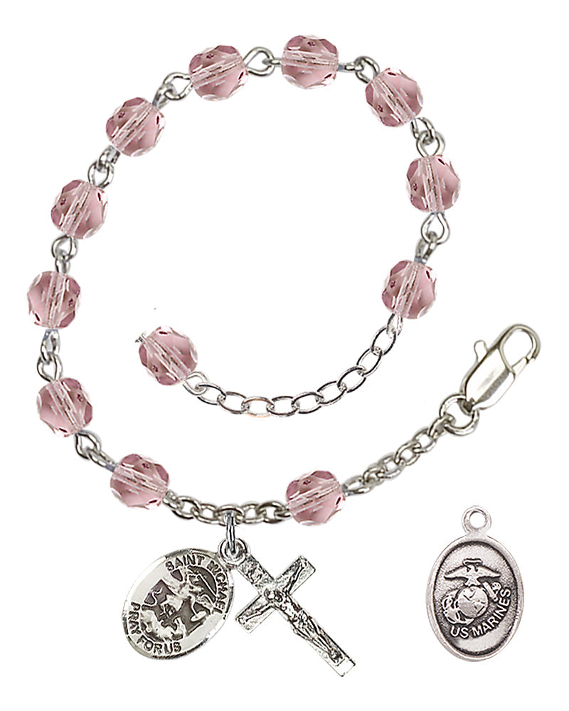 Saint Michael Marines Rosary Bracelet, 6mm Fire Polished - Silver Plate - Light Amethyst