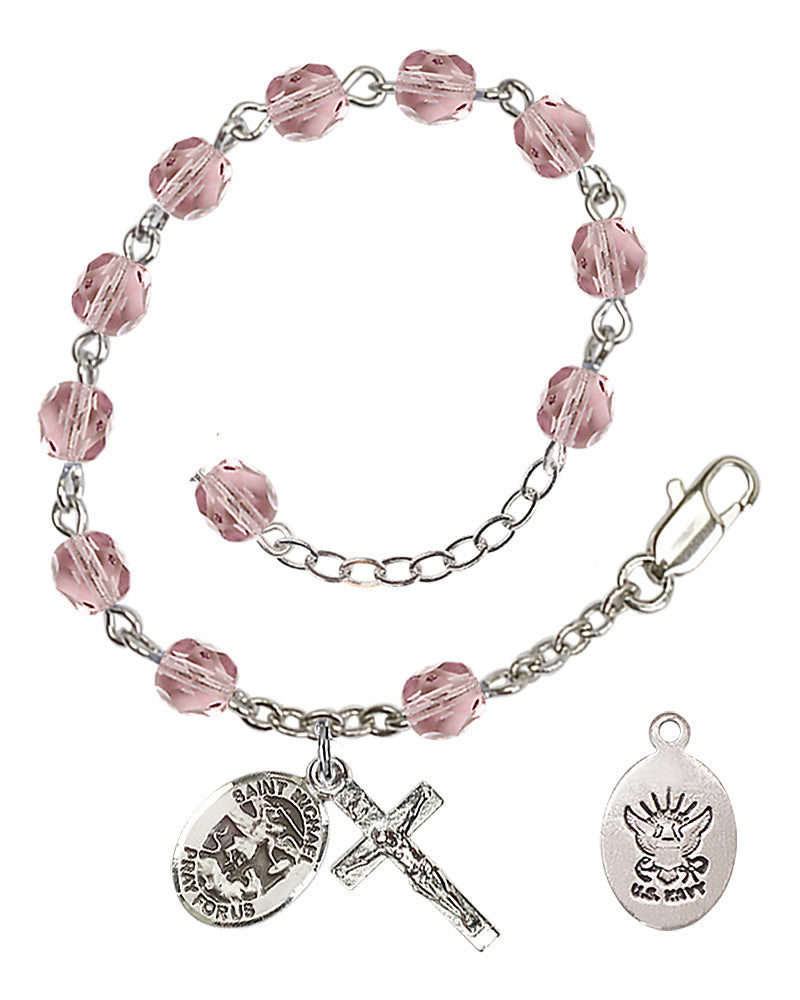 Saint Michael Navy Rosary Bracelet, 6mm Fire Polished - Silver Plate - Light Amethyst
