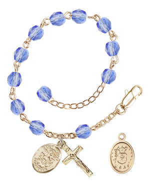 Saint Michael Air Force Rosary Bracelet, 6mm Fire Polished - Gold Plate - Light Sapphire