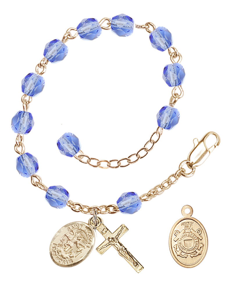 Saint Michael Coast Guard Rosary Bracelet, 6mm Fire Polished - Gold Plate - Light Sapphire