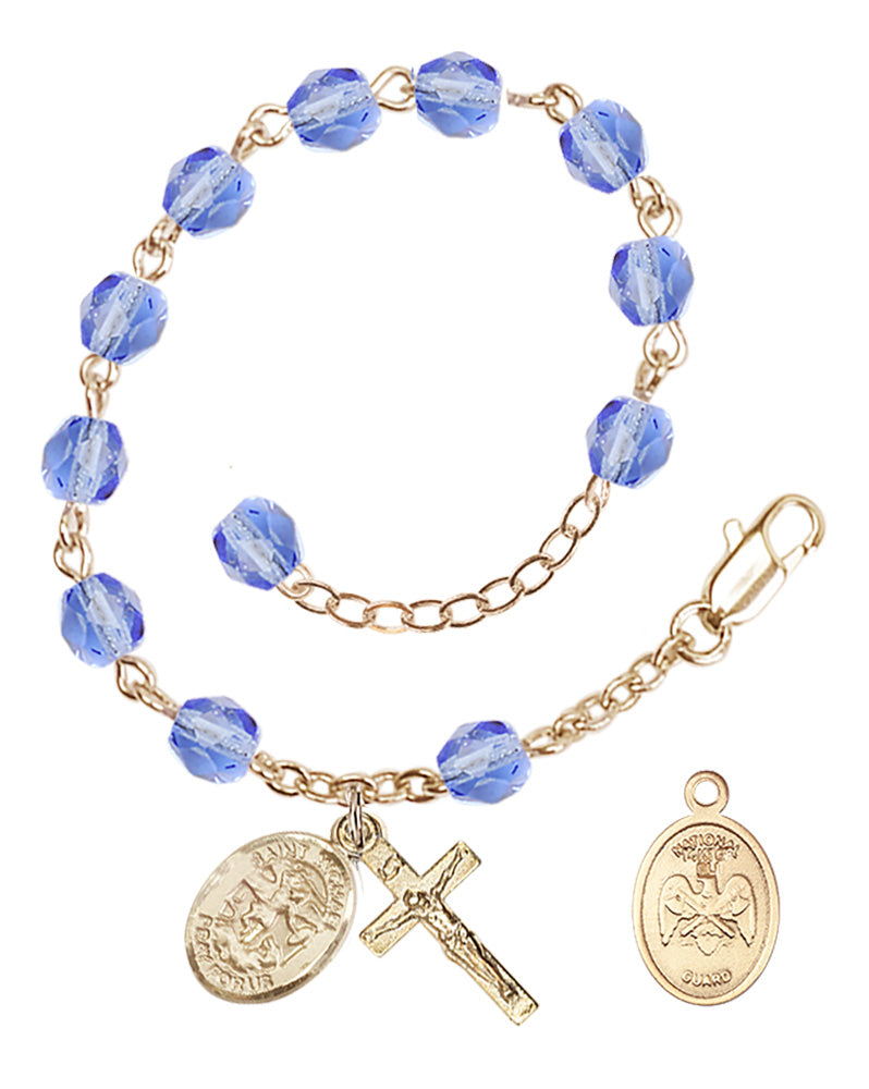 Saint Michael National Guard Rosary Bracelet, 6mm Fire Polished - Gold Plate - Light Sapphire