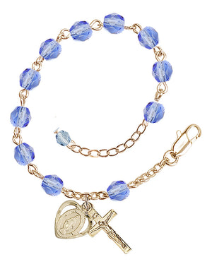 6mm Fire Polished Miraculous Heart Rosary Bracelet - Gold Plate - Light Sapphire