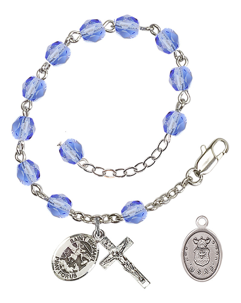 Saint Michael Air Force Rosary Bracelet, 6mm Fire Polished - Silver Plate - Light Sapphire