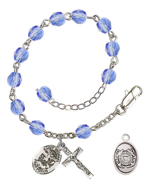 Saint Michael Coast Guard Rosary Bracelet, 6mm Fire Polished - Silver Plate - Light Sapphire