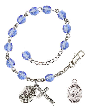 Saint Michael National Guard Rosary Bracelet, 6mm Fire Polished - Silver Plate - Light Sapphire