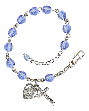 6mm Fire Polished Miraculous Heart Rosary Bracelet - Silver Plate - Light Sapphire