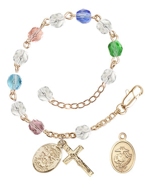 Saint Michael Marines Rosary Bracelet, 6mm Fire Polished - Gold Plate - Multi-Color