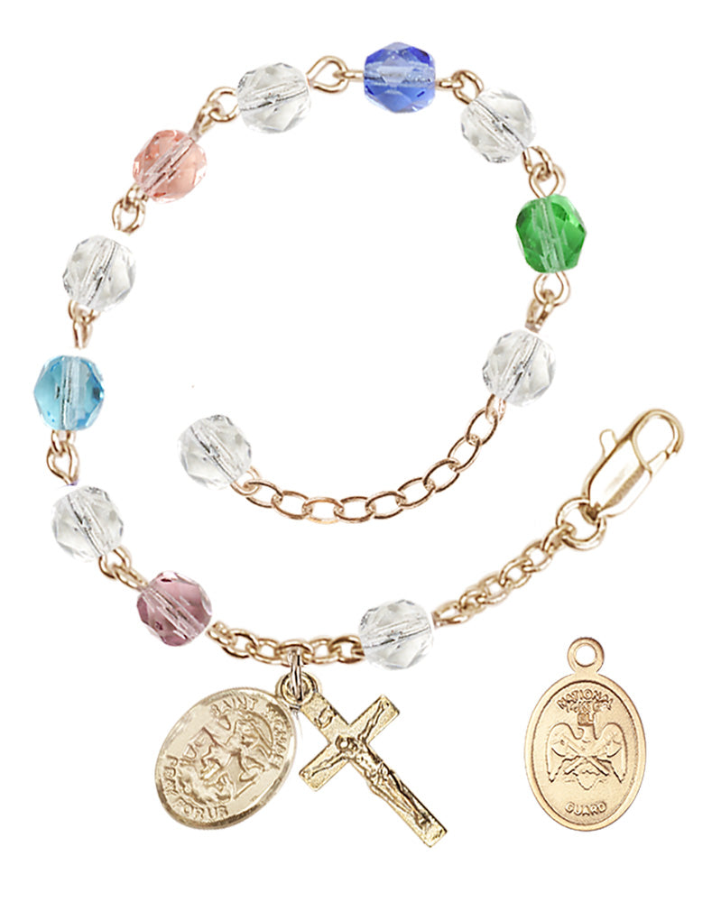 Saint Michael National Guard Rosary Bracelet, 6mm Fire Polished - Gold Plate - Multi-Color