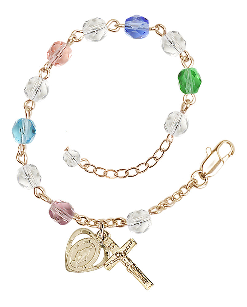 6mm Fire Polished Miraculous Heart Rosary Bracelet - Gold Plate - Multi-Color