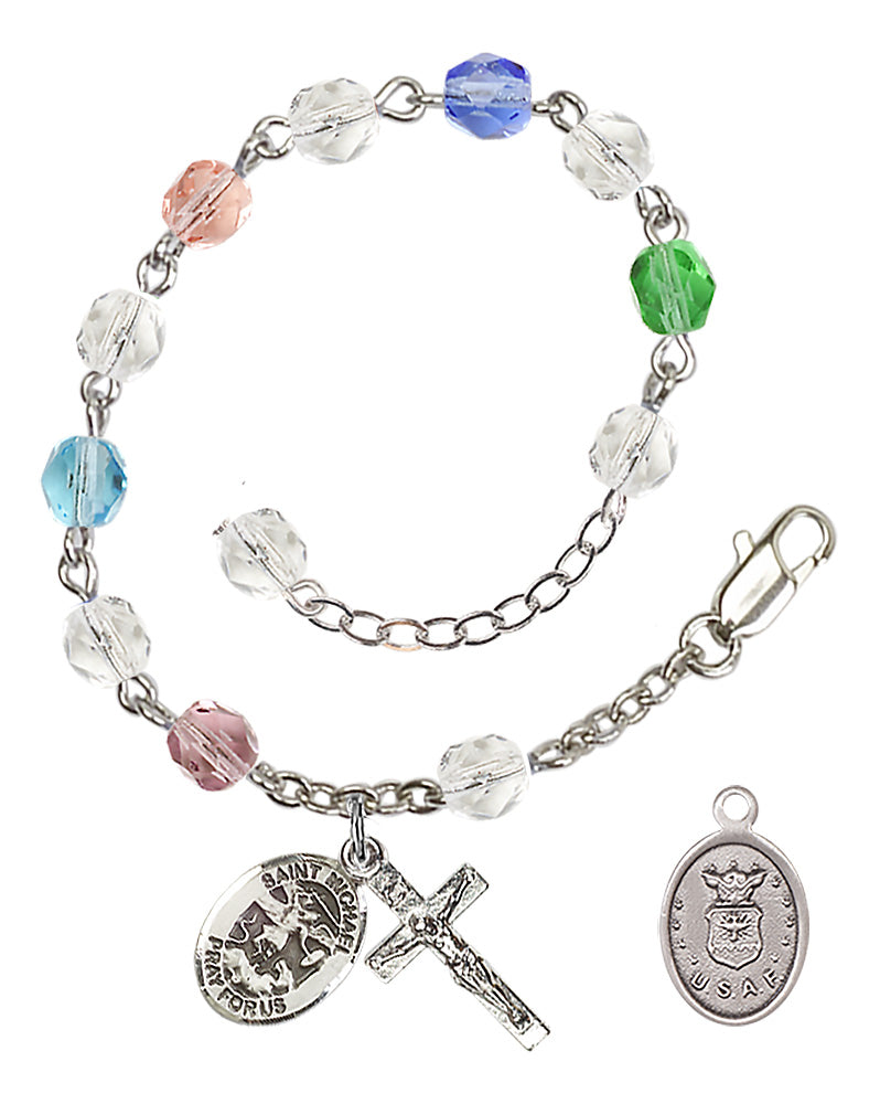 Saint Michael Air Force Rosary Bracelet, 6mm Fire Polished - Silver Plate - Multi-Color