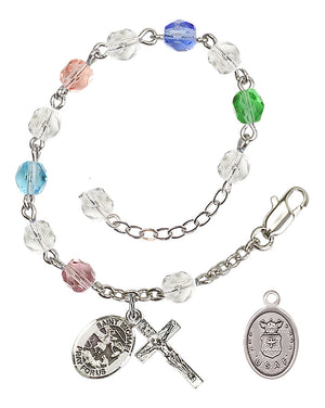 Saint Michael Air Force Rosary Bracelet, 6mm Fire Polished - Silver Plate - Multi-Color