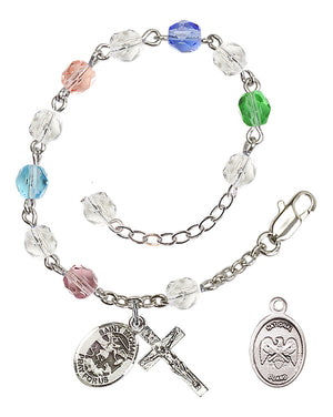 Saint Michael National Guard Rosary Bracelet, 6mm Fire Polished - Silver Plate - Multi-Color