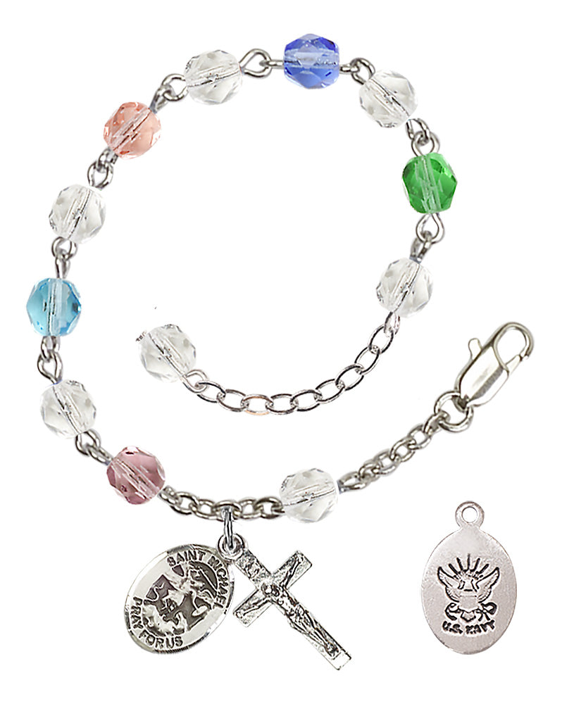 Saint Michael Navy Rosary Bracelet, 6mm Fire Polished - Silver Plate - Multi-Color