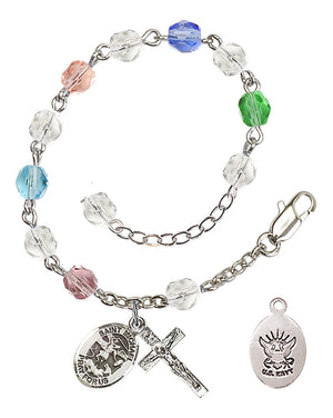Saint Michael Navy Rosary Bracelet, 6mm Fire Polished - Silver Plate - Multi-Color