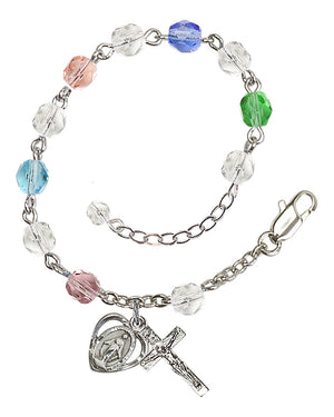6mm Fire Polished Miraculous Heart Rosary Bracelet - Silver Plate - Multi-Color