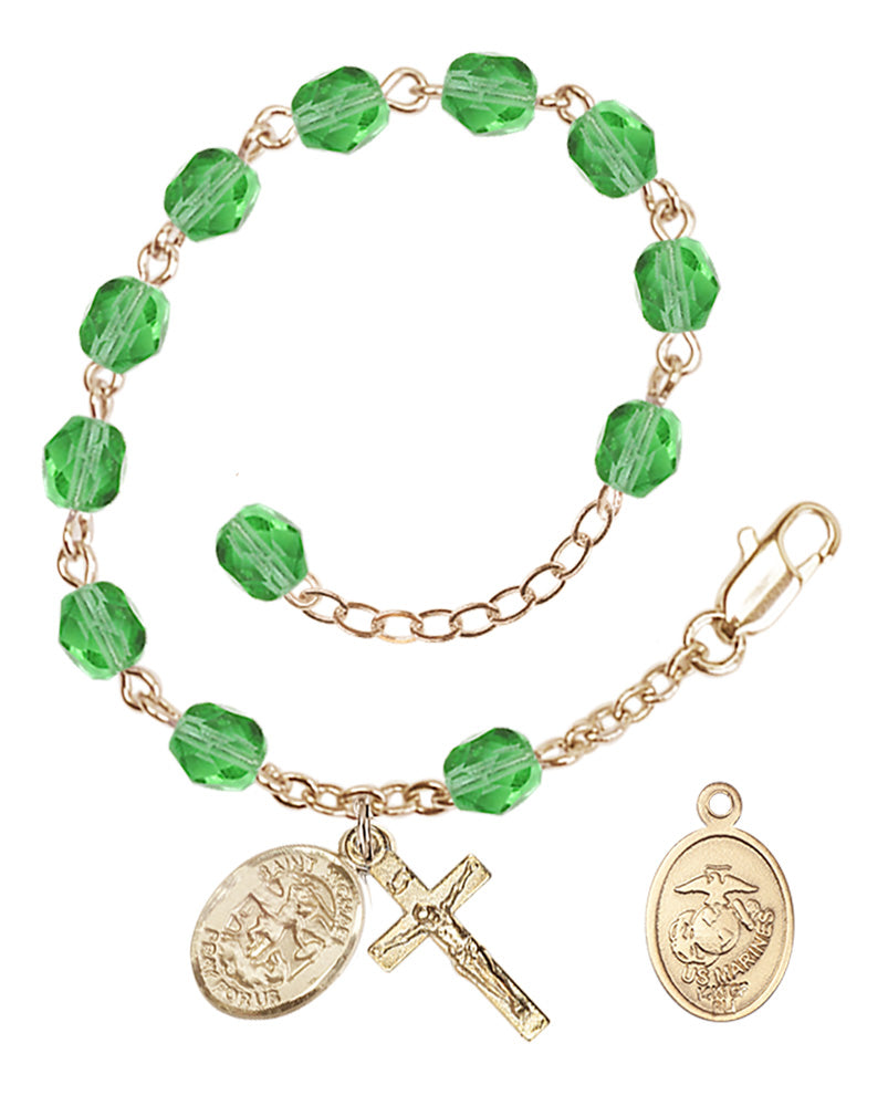 Saint Michael Marines Rosary Bracelet, 6mm Fire Polished - Gold Plate - Peridot