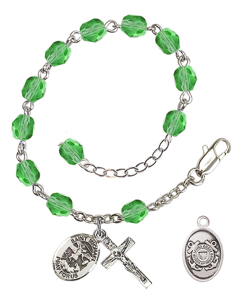 Saint Michael Coast Guard Rosary Bracelet, 6mm Fire Polished - Silver Plate - Peridot
