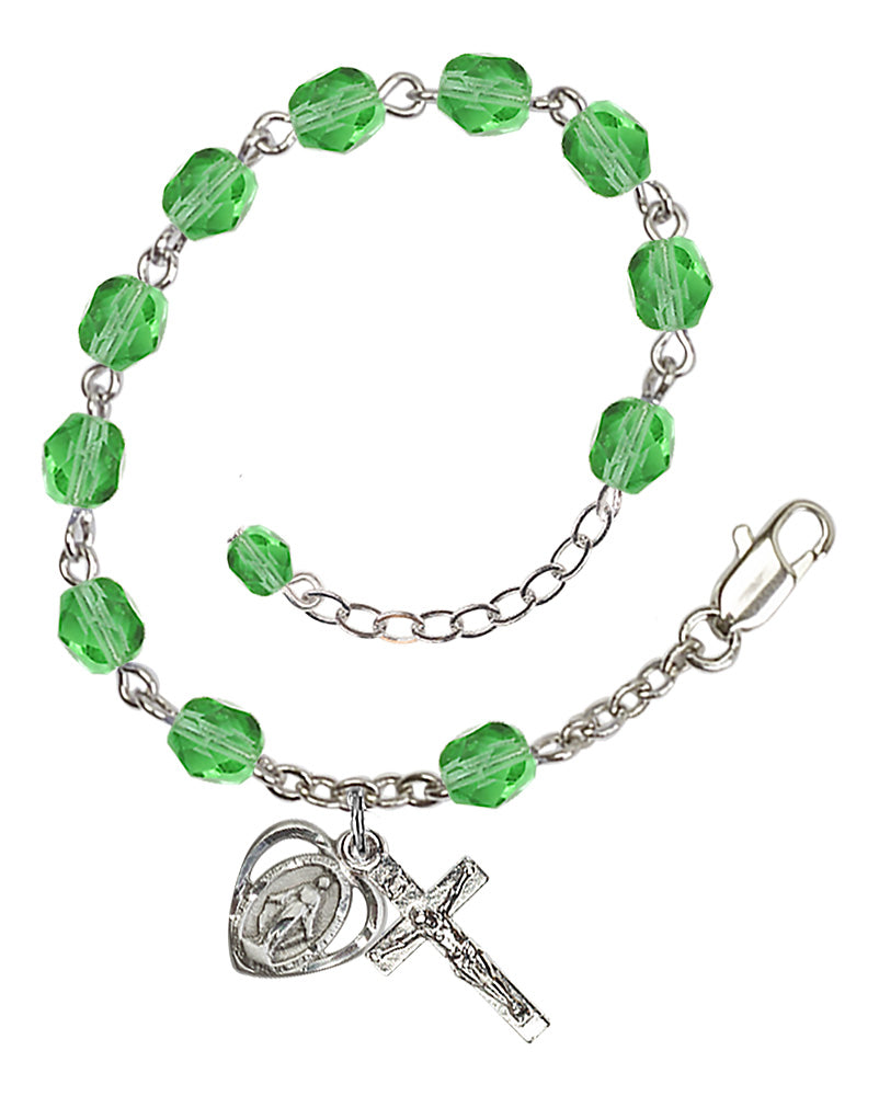 6mm Fire Polished Miraculous Heart Rosary Bracelet - Silver Plate - August - Peridot