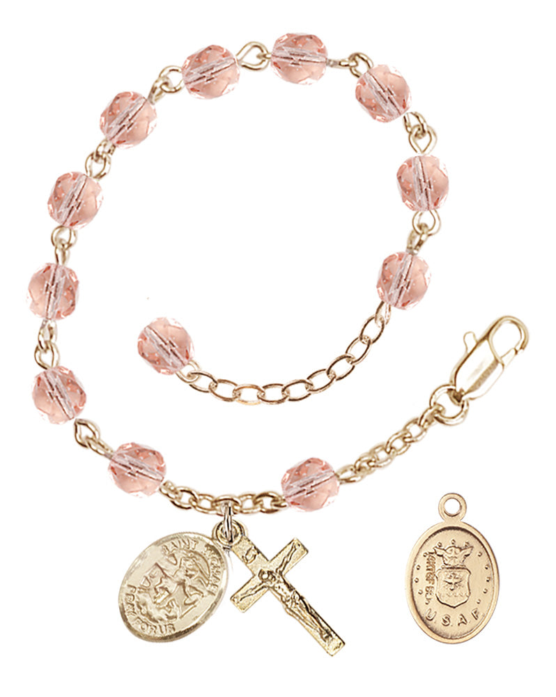 Saint Michael Air Force Rosary Bracelet, 6mm Fire Polished - Gold Plate - Pink