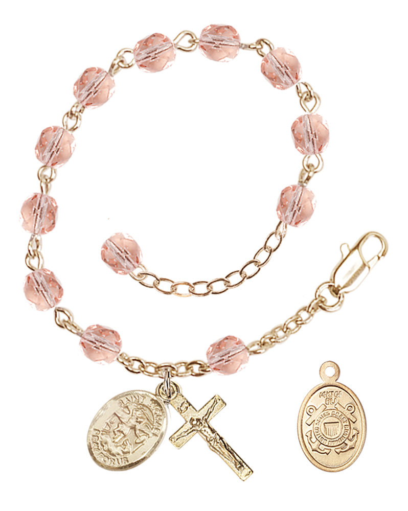 Saint Michael Coast Guard Rosary Bracelet, 6mm Fire Polished - Gold Plate - Pink