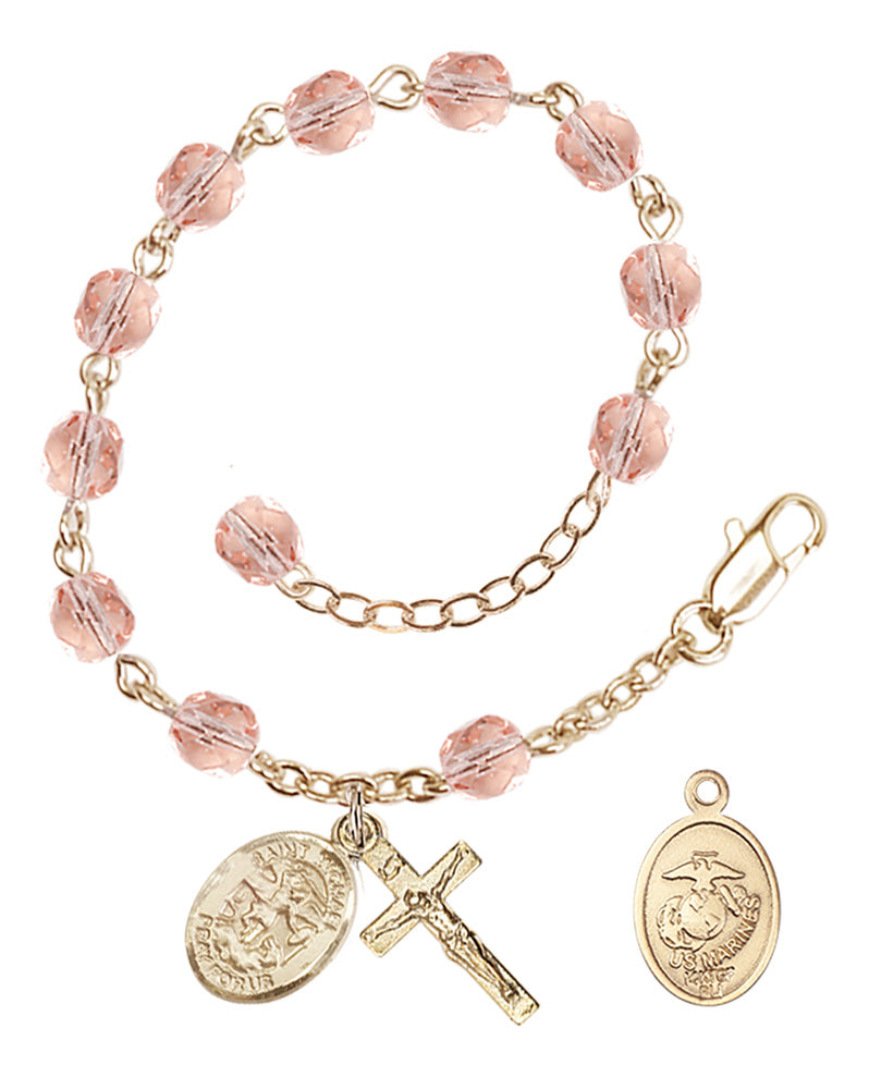 Saint Michael Marines Rosary Bracelet, 6mm Fire Polished - Gold Plate - Pink