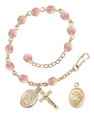 Saint Michael Marines Rosary Bracelet, 6mm Fire Polished - Gold Plate - Pink