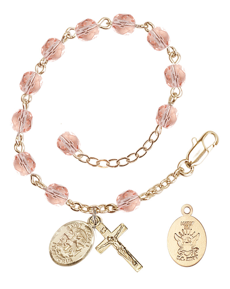 Saint Michael Navy Rosary Bracelet, 6mm Fire Polished - Gold Plate - Pink