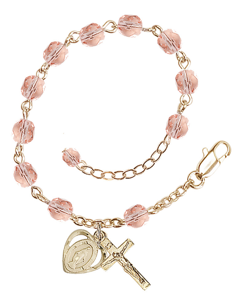 6mm Fire Polished Miraculous Heart Rosary Bracelet - Gold Plate - October - Pink