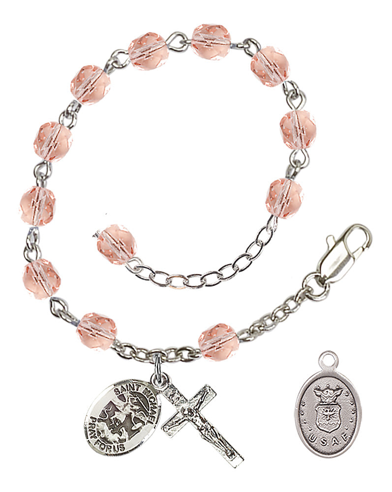 Saint Michael Air Force Rosary Bracelet, 6mm Fire Polished - Silver Plate - Pink