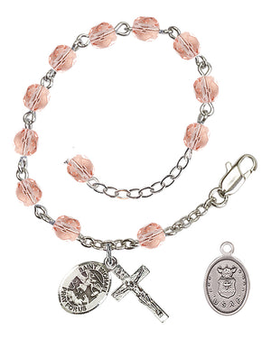 Saint Michael Air Force Rosary Bracelet, 6mm Fire Polished - Silver Plate - Pink