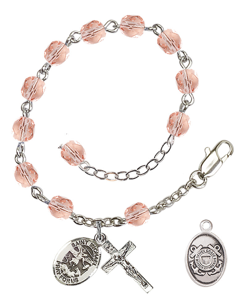 Saint Michael Coast Guard Rosary Bracelet, 6mm Fire Polished - Silver Plate - Pink
