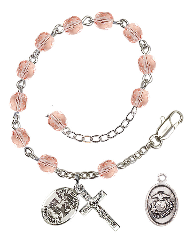 Saint Michael Marines Rosary Bracelet, 6mm Fire Polished - Silver Plate - Pink