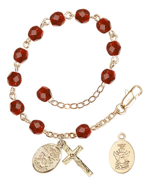 Saint Michael Navy Rosary Bracelet, 6mm Fire Polished - Gold Plate - Ruby