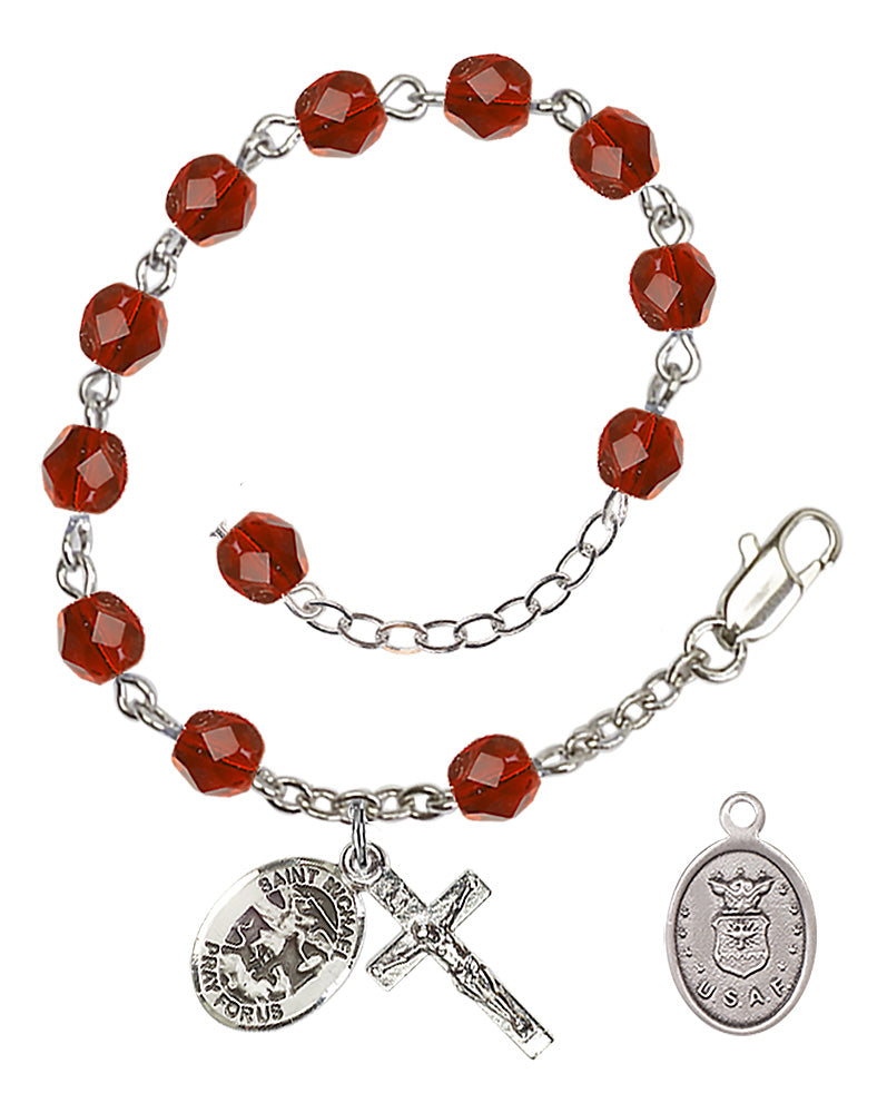 Saint Michael Air Force Rosary Bracelet, 6mm Fire Polished - Silver Plate - Ruby