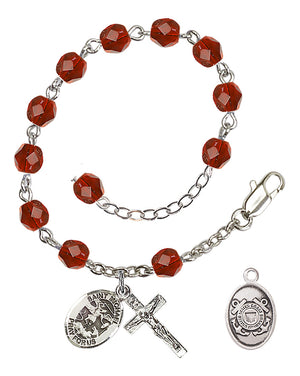 Saint Michael Coast Guard Rosary Bracelet, 6mm Fire Polished - Silver Plate - Ruby