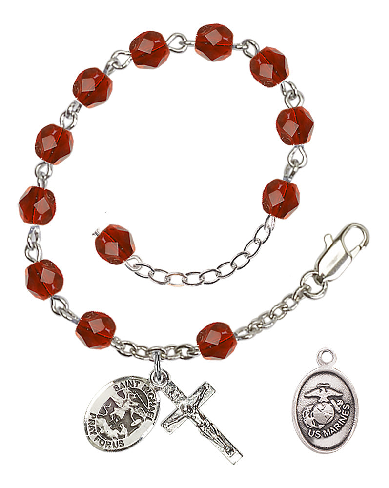 Saint Michael Marines Rosary Bracelet, 6mm Fire Polished - Silver Plate - Ruby
