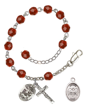 Saint Michael National Guard Rosary Bracelet, 6mm Fire Polished - Silver Plate - Ruby
