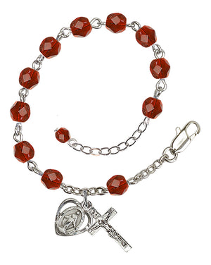 6mm Fire Polished Miraculous Heart Rosary Bracelet - Silver Plate - July - Ruby