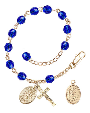 Saint Michael Air Force Rosary Bracelet, 6mm Fire Polished - Gold Plate - Sapphire