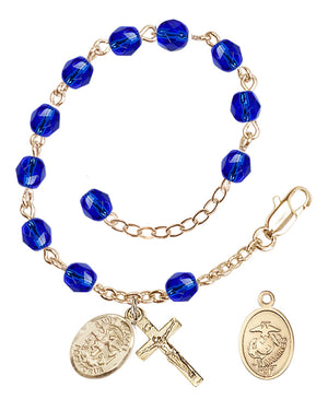 Saint Michael Marines Rosary Bracelet, 6mm Fire Polished - Gold Plate - Sapphire