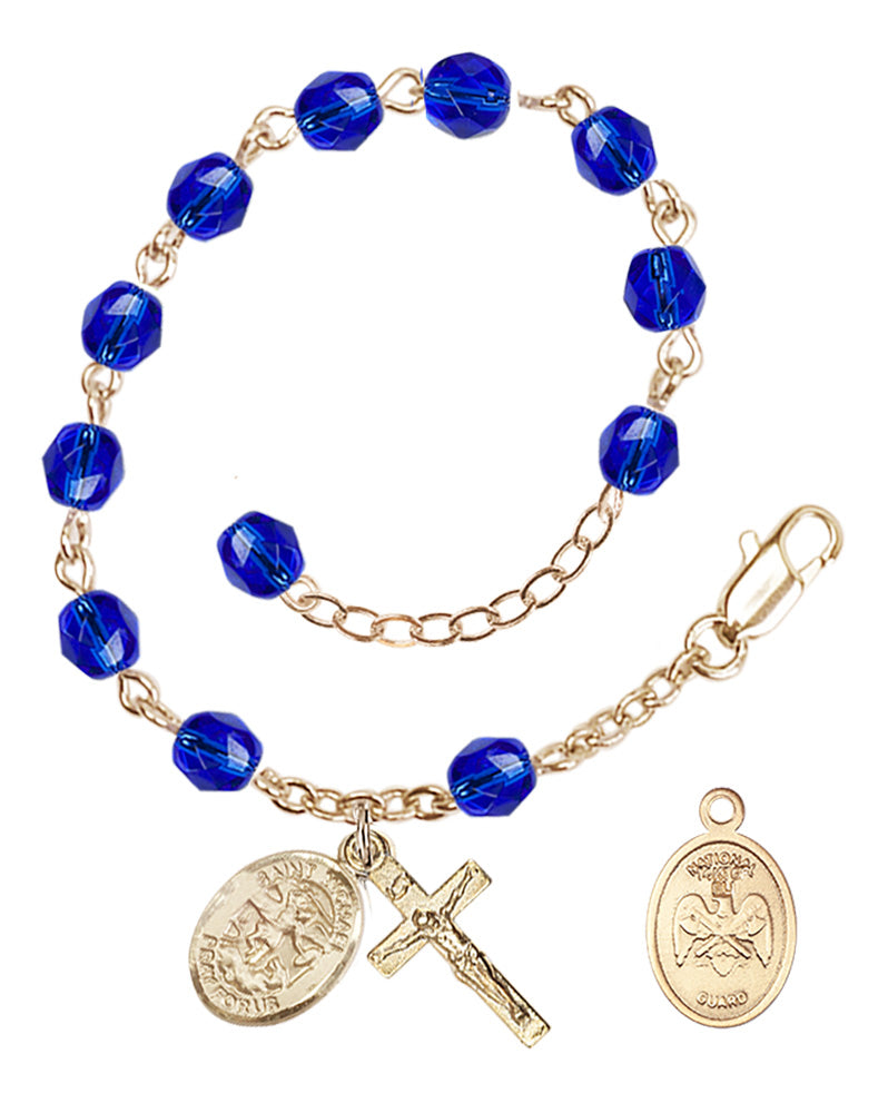 Saint Michael National Guard Rosary Bracelet, 6mm Fire Polished - Gold Plate - Sapphire