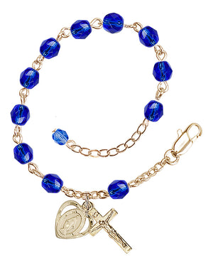 6mm Fire Polished Miraculous Heart Rosary Bracelet - Gold Plate - September - Sapphire