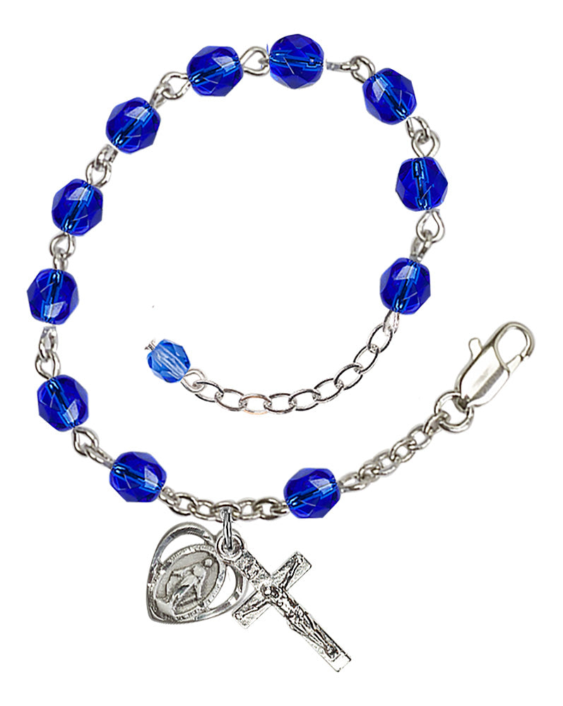 6mm Fire Polished Miraculous Heart Rosary Bracelet - Silver Plate - September - Sapphire