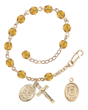 Saint Michael Air Force Rosary Bracelet, 6mm Fire Polished - Gold Plate - Topaz